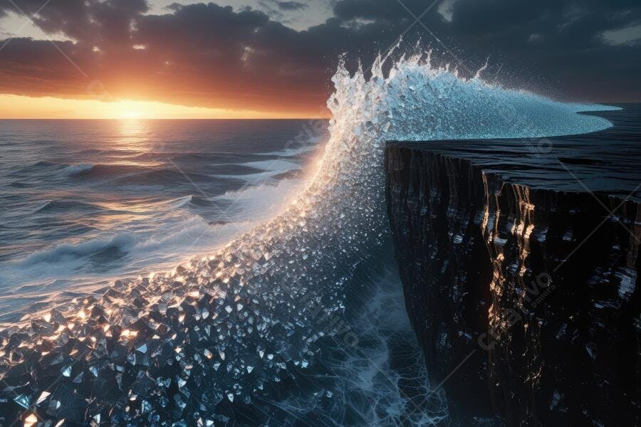 Foto Onda Quebrando Penhasco Pôr do Sol Oceano