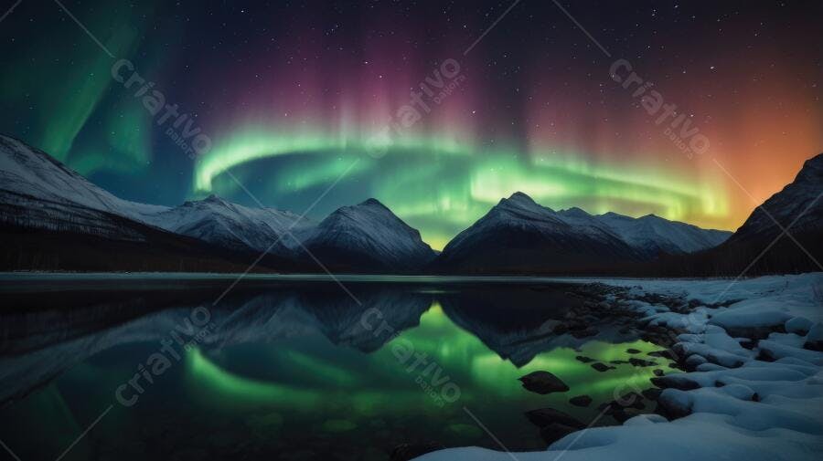 Foto Aurora Boreal Verde Rosa Montanhas Nevadas Lago Noturno
