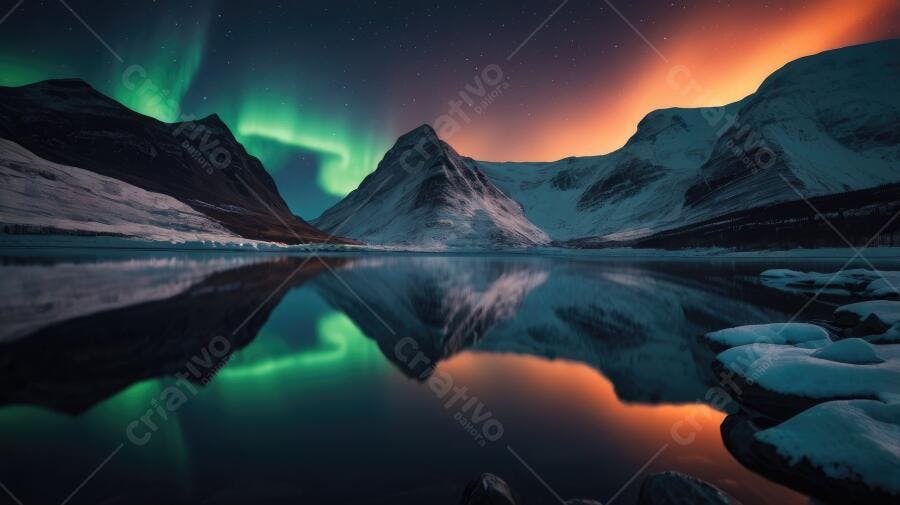Foto Aurora Boreal Montanhas Nevadas Lago Refletido