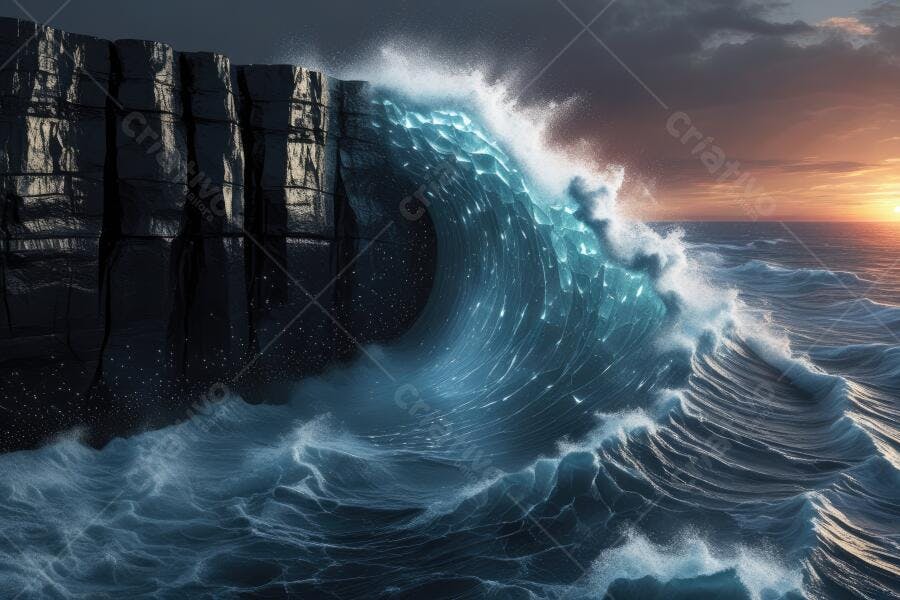 Foto Onda Gigante Quebrando Penhasco Mar Céu Dramático