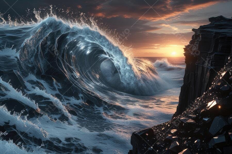 Foto Onda Gigante Quebrando Penhasco Pôr do Sol Mar