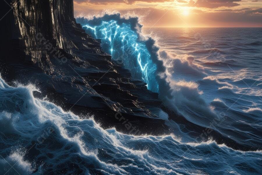 Foto Onda Gigante Mar Tempestuoso Raios Azuis Pôr do Sol