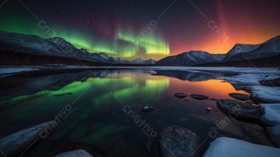 Foto Aurora Boreal Verde Laranja Refletida Lago Montanhas Nevadas
