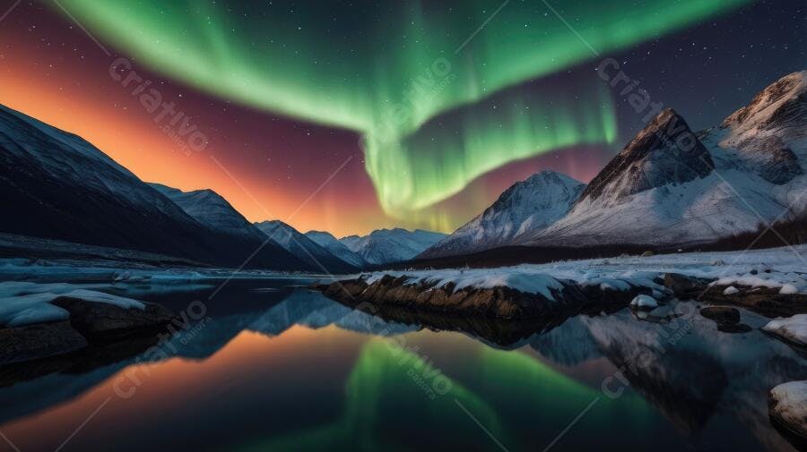Foto Aurora Boreal Verde Céu Noturno Montanhas Nevadas Lago
