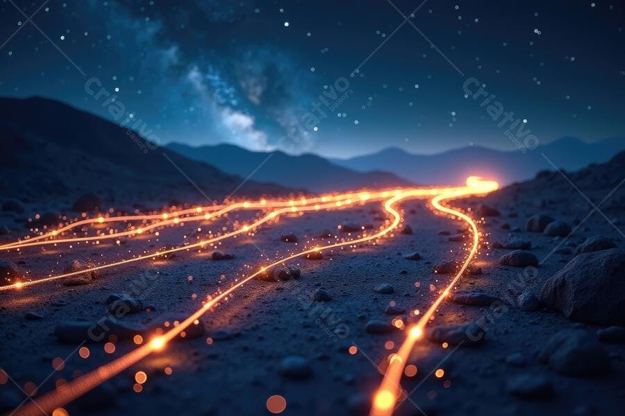 Foto Estrada Digital Linhas de Luz Noturna Montanhas Estrelas