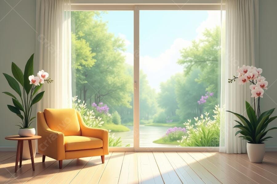 Foto Sala de Estar Poltrona Amarela Janela Vista Jardim