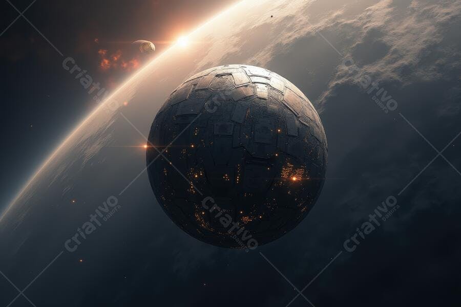 Foto Planeta Futurista Espacial com Luzes na Órbita