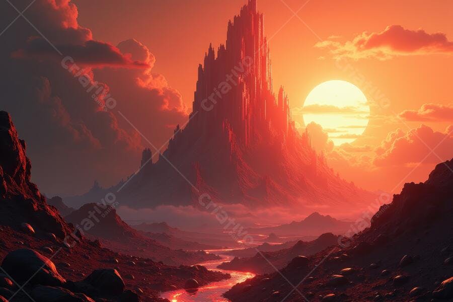 Foto Fantasia Montanha Castelo Pôr do Sol Laranja Vermelho