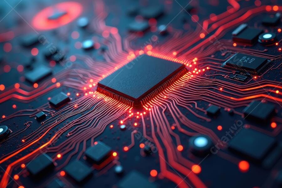 Foto Placa de Circuito Processador Iluminação Vermelha Tecnologia