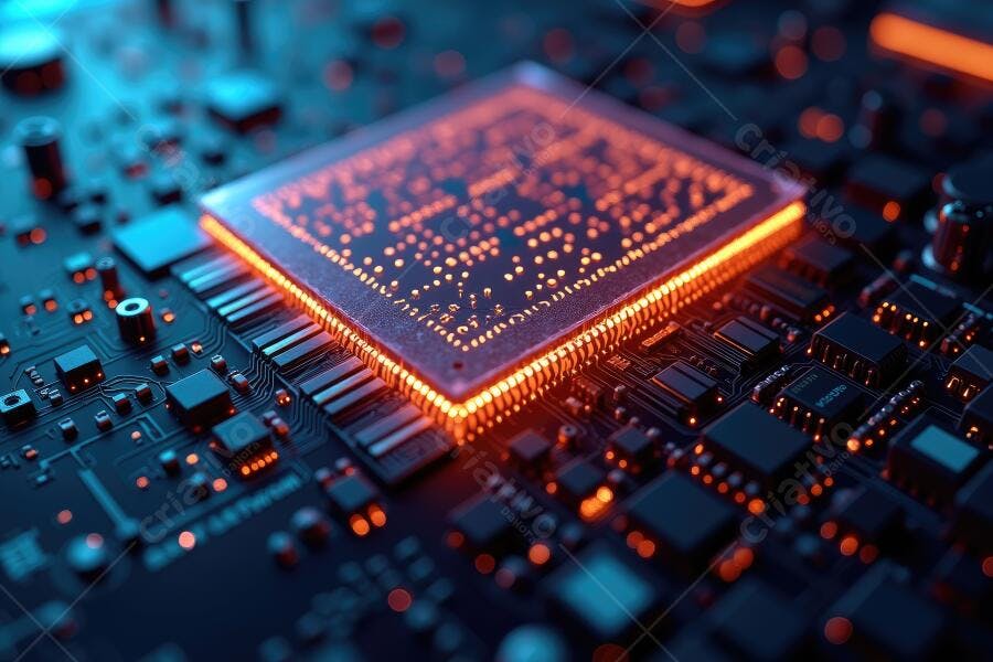 Foto Processador CPU Placa Mãe Iluminação Laranja Azul Tecnologia