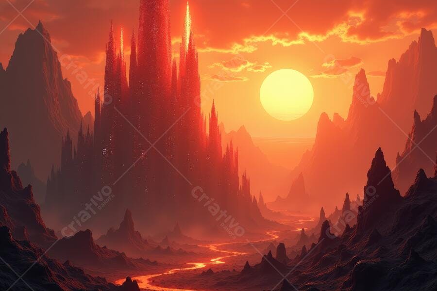 Foto Castelo Fantasia Vulcânico Pôr do Sol Laranja Montanhas