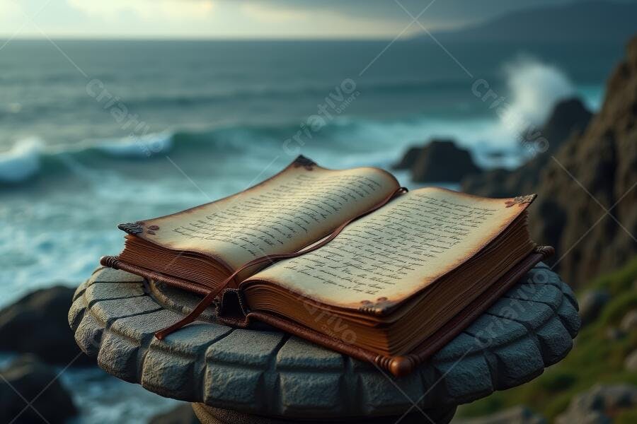 Foto Livro Antigo Aberto Mar Ondas Fundo Rocha