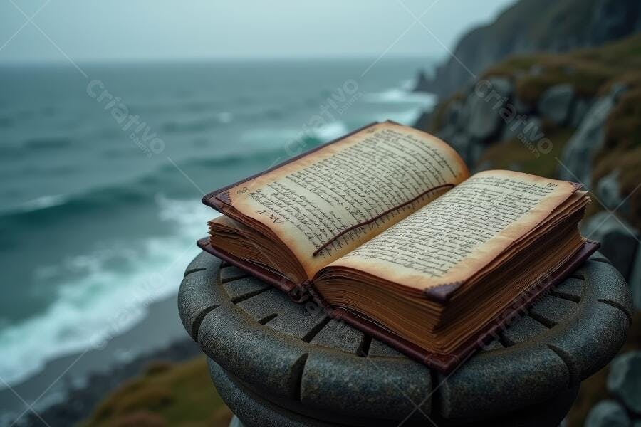 Foto Livro Antigo Aberto Litoral Oceano Cinzento
