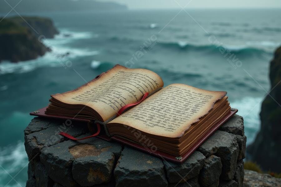 Foto Livro Antigo Aberto Penhasco Mar Oceano