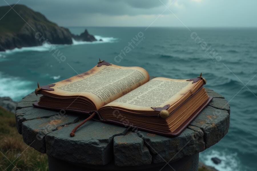 Foto Livro Antigo Aberto Mar Oceano Céu Nublado