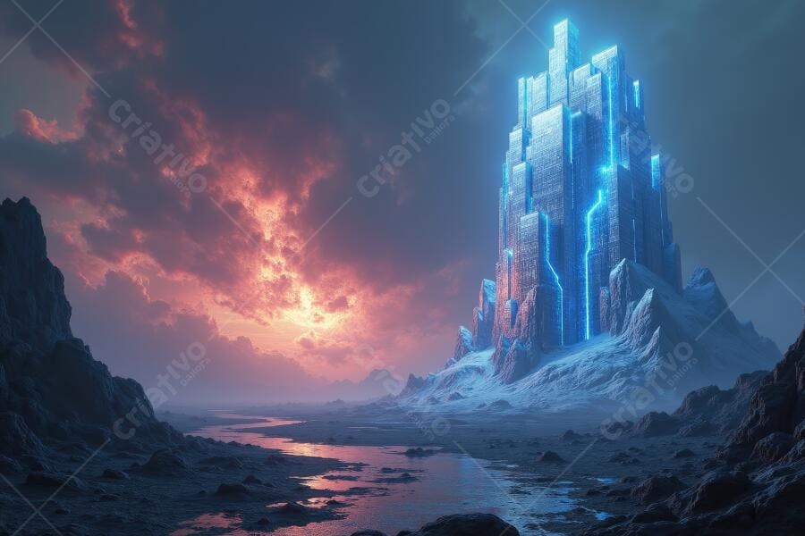 Foto Castelo Futurista Iluminado com Luz Neon em Paisagem Fantástica