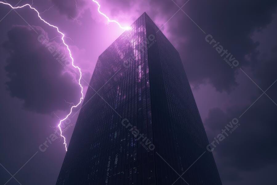 Foto Prédio Arranha-Céu com Raio Roxo Noturno Tempestade