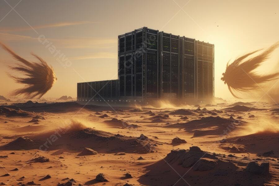 Foto Edifício Futurista Deserto Tempestade de Areia Pôr do Sol