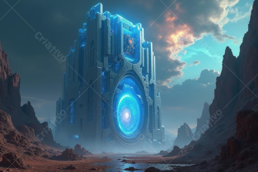Foto Edifício Futurista Neon Azul Vale Rochoso Alienígena