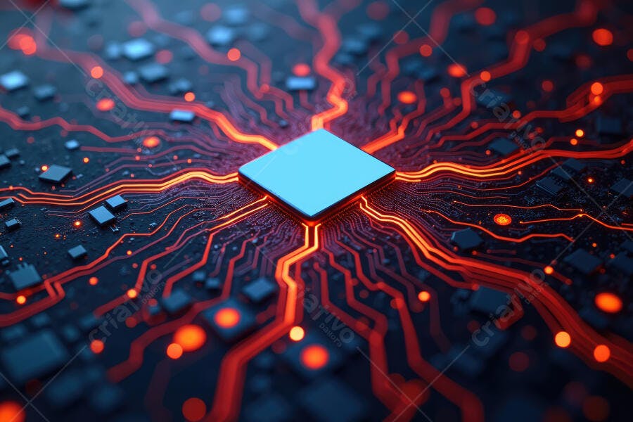 Foto Circuito Eletrônico Chip Processador Iluminado Vermelho