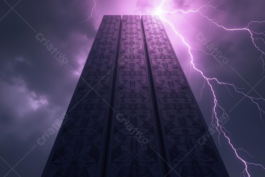 Foto Obelisco Misterioso Com Raios Roxos Noite Tempestuosa