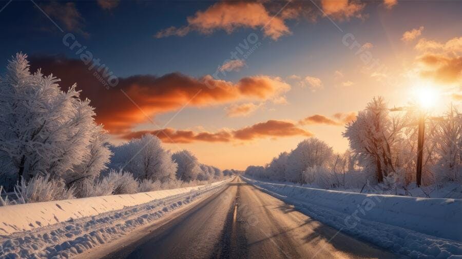 Foto Estrada Nevasca Inverno Pôr do Sol Céu Laranja