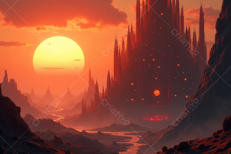 Paisagem Fantástica Castelo Sol Poente Rio Laranja