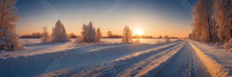 Foto Paisagem Inverno Neve Estrada Floresta Pôr do Sol Dourado