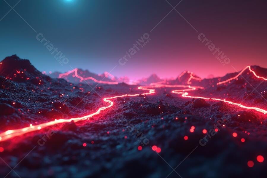 Foto Paisagem Abstrata Neon Montanhas Luzes Vermelhas Azuis