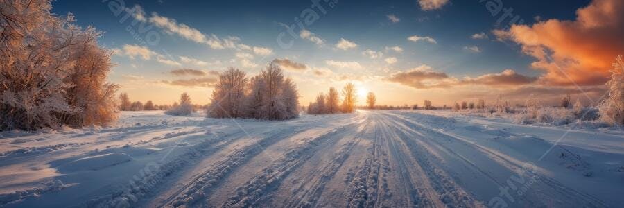 Foto Paisagem Inverno Neve Pôr do Sol Campo Panorâmico