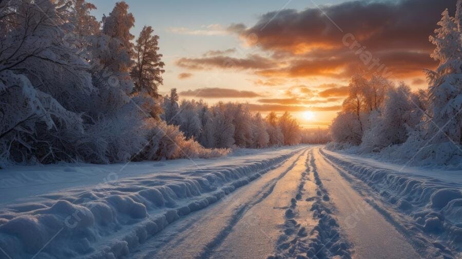 Foto Estrada Nevasca Pôr do Sol Inverno Paisagem Natural