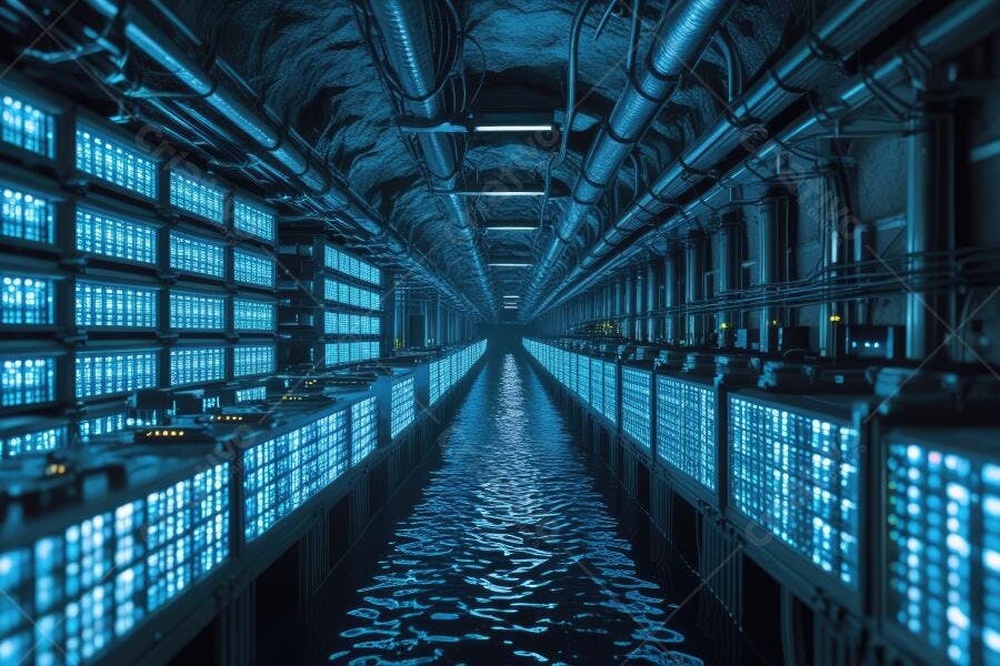 Foto Data Center Subterrâneo Servidores Azuis Água