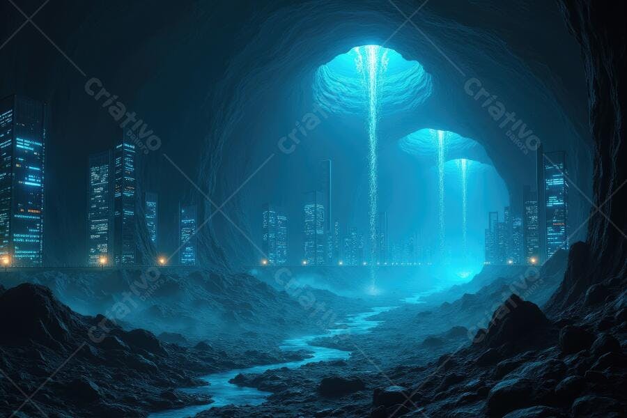Foto Cidade Futurista Subterrânea Caverna Iluminada Neon Azul