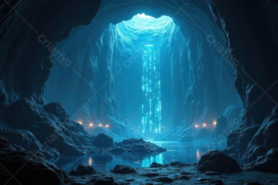 Foto Caverna Subaquática Iluminada Azul Neon Mística