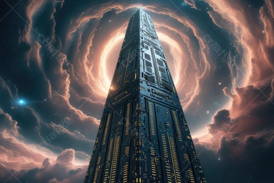 Foto Torre Futurista Espacial no Céu Nublado Iluminado