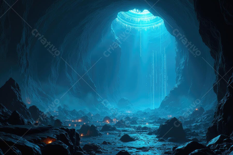 Foto Caverna Subterrânea Iluminada por Luz Azul Mística
