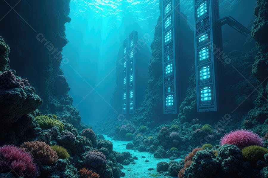 Foto Cidade Subaquática Futurista Recifes de Coral Iluminados