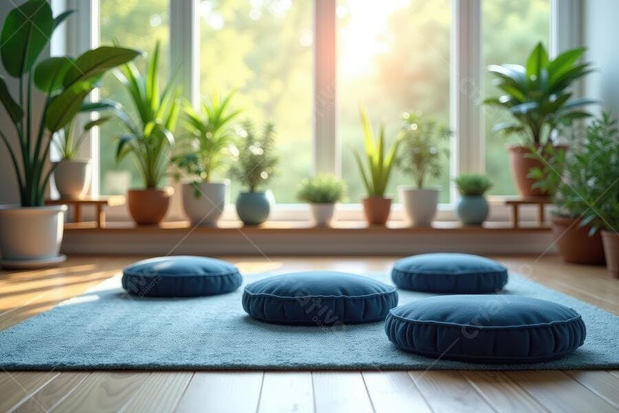 Foto Ambiente Meditação Almofadas Plantas Iluminação Natural