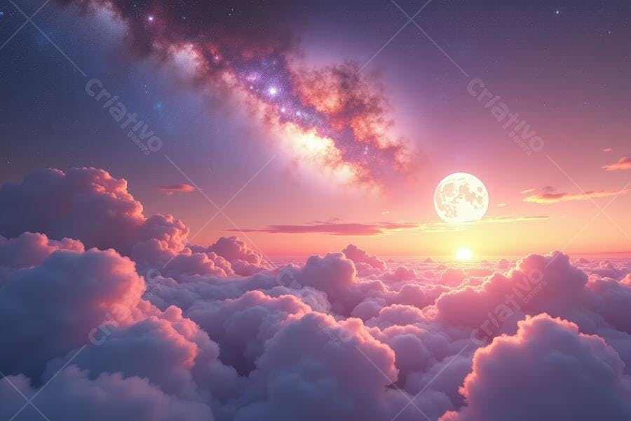 Foto Céu Estrelado Nuvens Rosa Pôr do Sol Lua Cheia