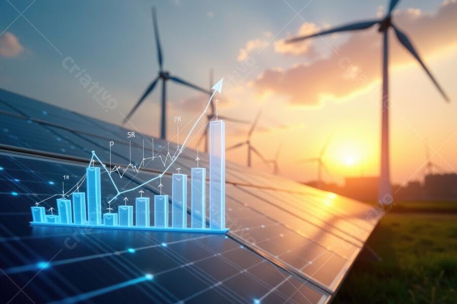 Foto Painel Solar Energia Eólica Gráfico Crescimento Pôr do Sol