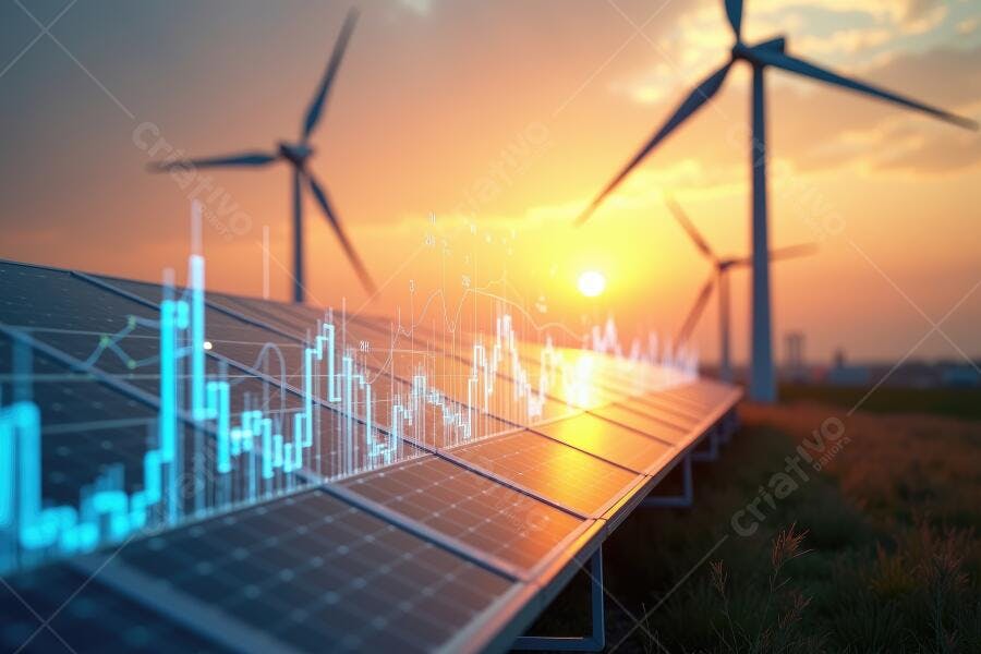 Foto Painéis Solares Energia Eólica Gráfico Financeiro Pôr do Sol
