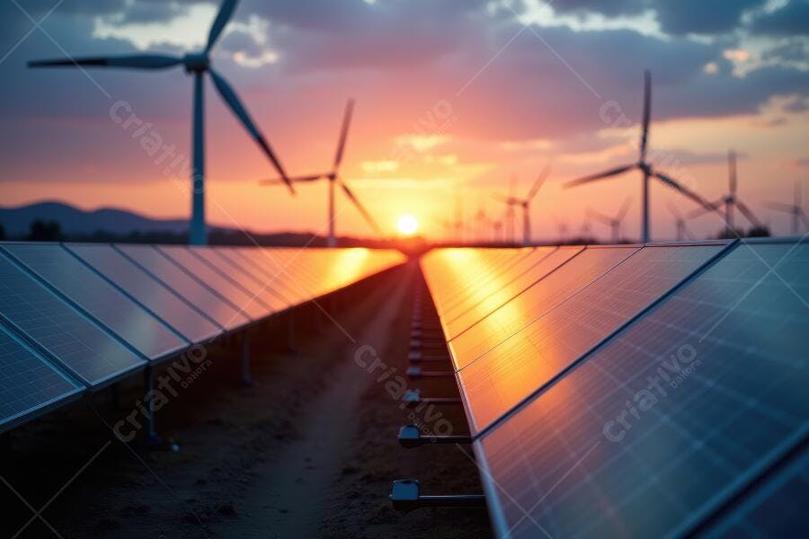 Foto Painéis Solares e Turbinas Eólicas Pôr do Sol Energia Limpa