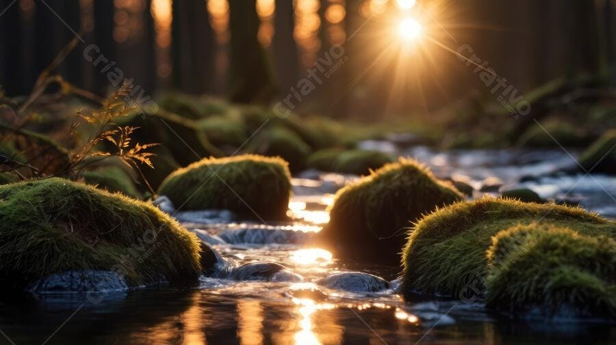 Foto Rio Floresta Musgo Pôr do Sol Dourado Natureza