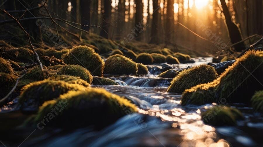 Foto Riacho Floresta Musgo Pôr do Sol Iluminação Dourada