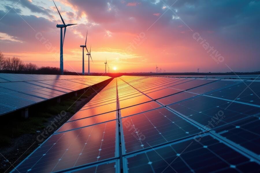 Foto Painéis Solares e Torres Eólicas Pôr do Sol Energia Limpa