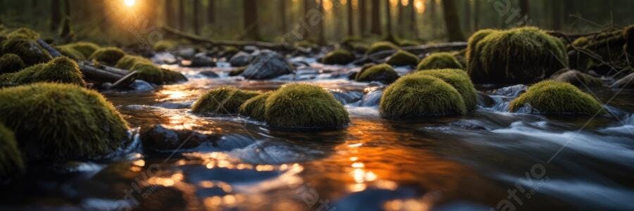 Foto Rio com Pedras Musgosas Floresta Iluminação Dourada
