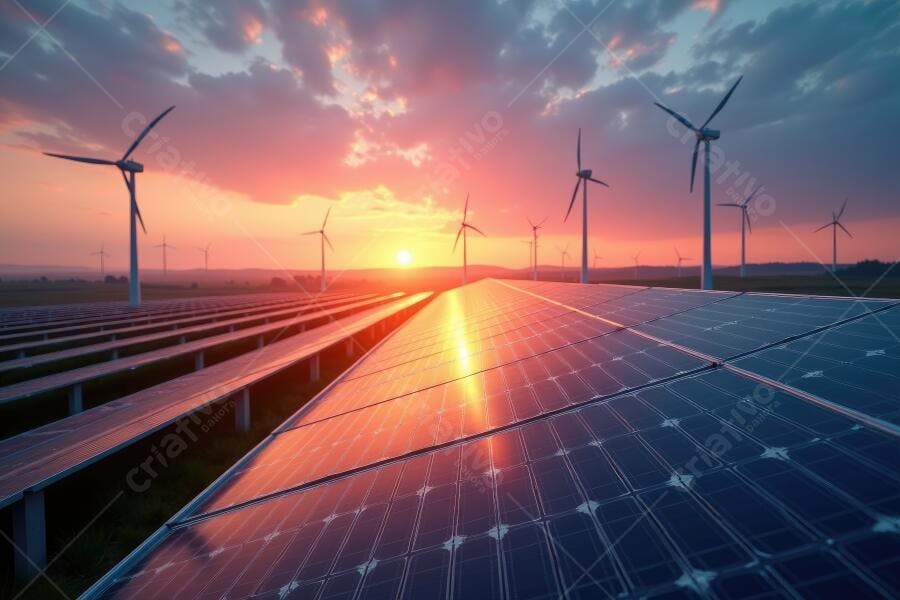 Foto Painéis Solares e Turbinas Eólicas Pôr do Sol Energia Limpa