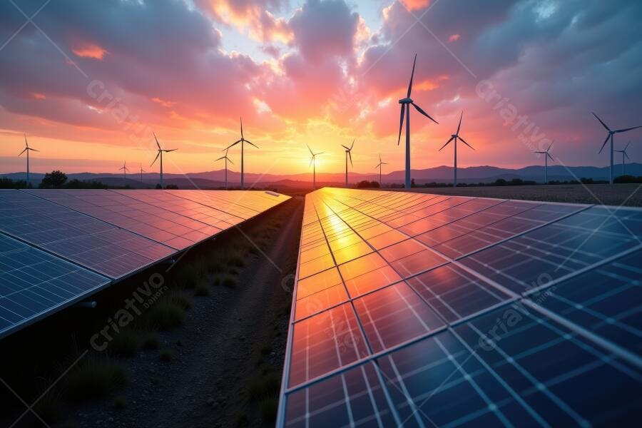 Foto Painéis Solares e Torres Eólicas Pôr do Sol Energia Limpa