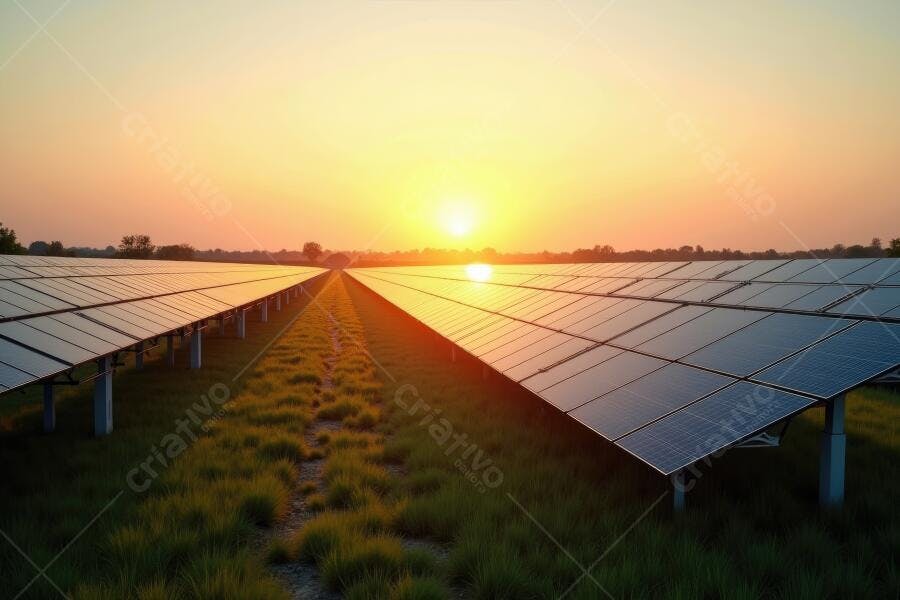 Foto Painéis Solares Campo Pôr do Sol Energia Renovável