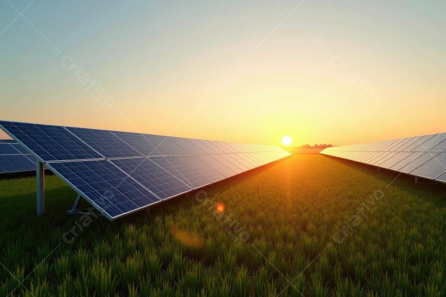 Foto Painéis Solares Campo Gramado Pôr do Sol Energia Renovável